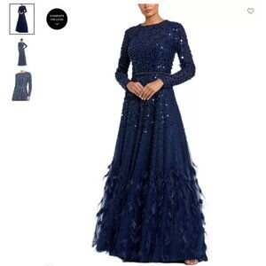 Mac Duggal Feather Detail Embellished Sequin Gown